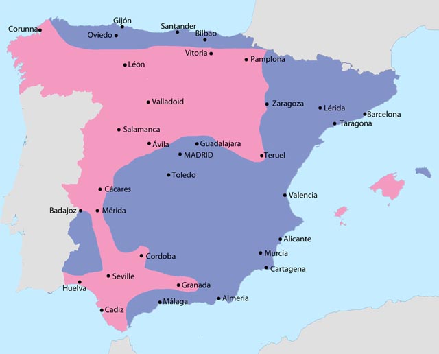 Septiembre 1936. Rosa: rea nacional. Morado: rea republicana